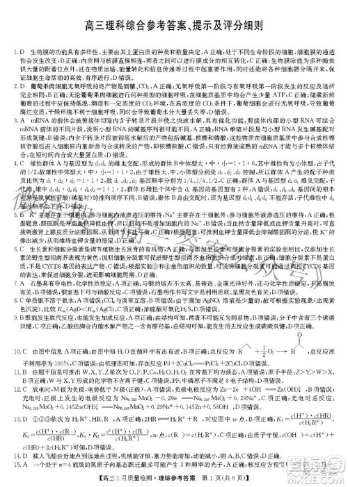 2022届九师联盟高三1月质量检测理科综合答案