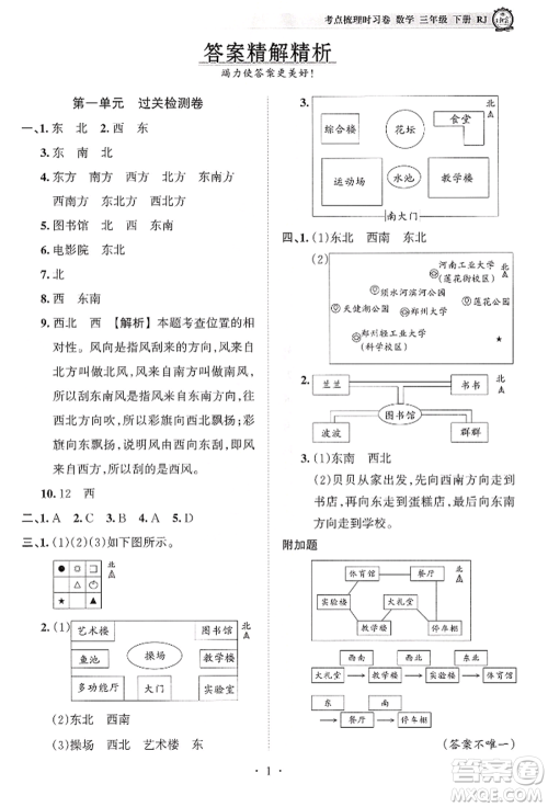 江西人民出版社2022王朝霞考点梳理时习卷三年级数学下册人教版参考答案