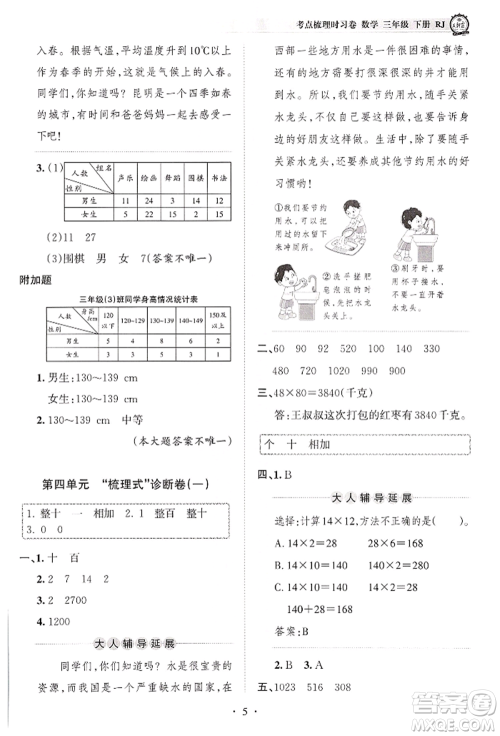 江西人民出版社2022王朝霞考点梳理时习卷三年级数学下册人教版参考答案