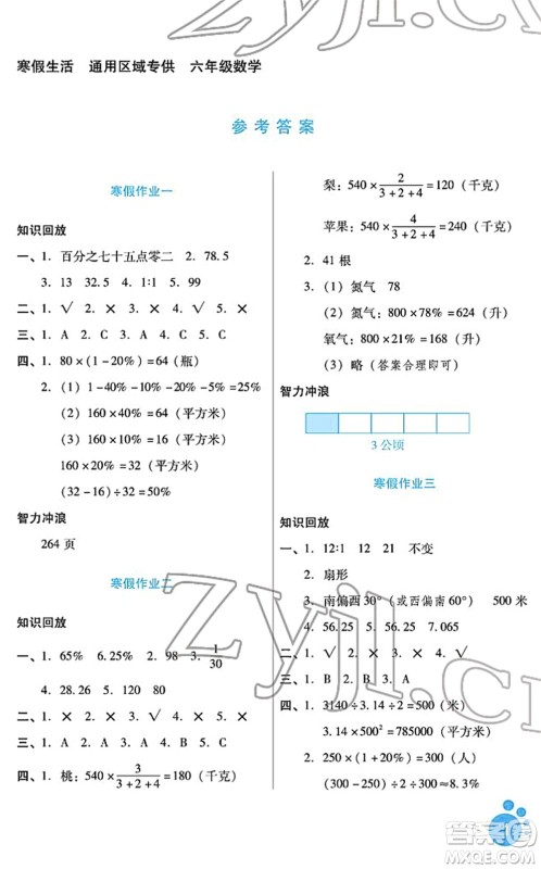 河北少年儿童出版社2022寒假生活六年级数学通用版答案
