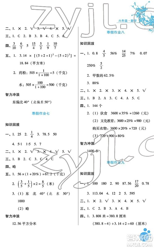 河北少年儿童出版社2022寒假生活六年级数学通用版答案