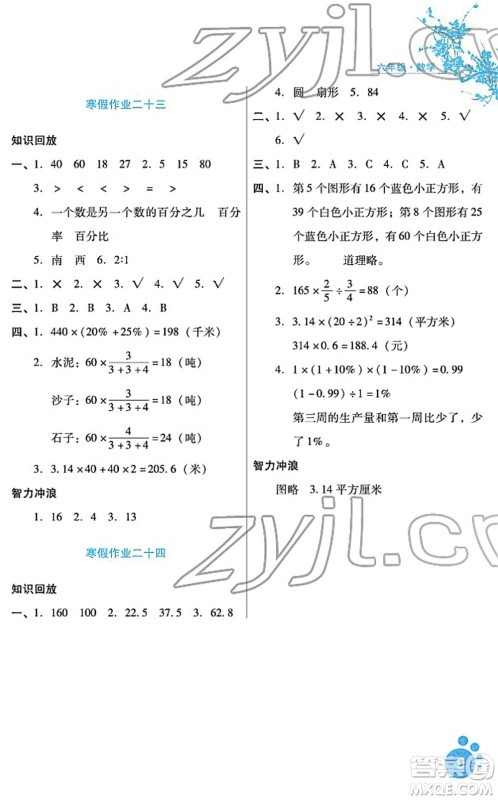 河北少年儿童出版社2022寒假生活六年级数学通用版答案