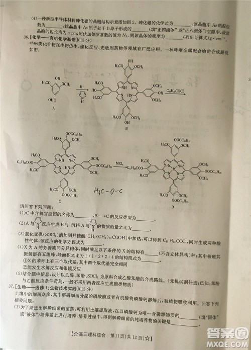 2022年1月贵州省高三考试理科综合试卷及答案