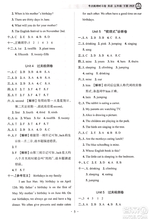 江西人民出版社2022王朝霞考点梳理时习卷五年级英语下册人教版参考答案