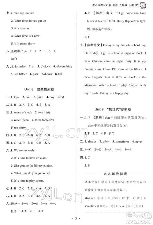 江西人民出版社2022王朝霞考点梳理时习卷五年级英语下册北师大版参考答案