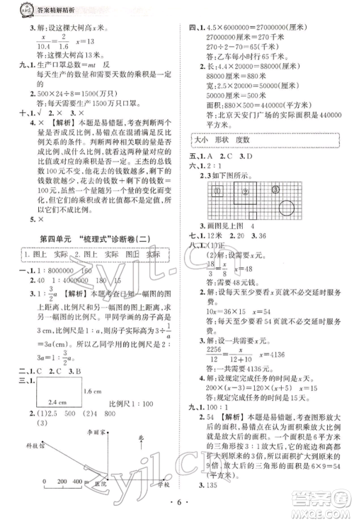 江西人民出版社2022王朝霞考点梳理时习卷六年级数学下册人教版参考答案