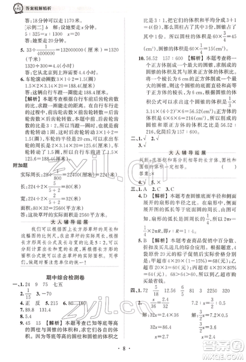 江西人民出版社2022王朝霞考点梳理时习卷六年级数学下册人教版参考答案