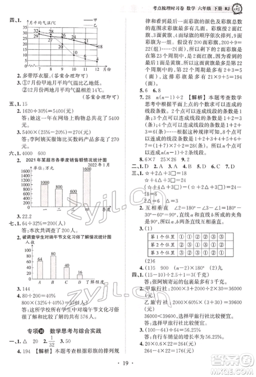 江西人民出版社2022王朝霞考点梳理时习卷六年级数学下册人教版参考答案