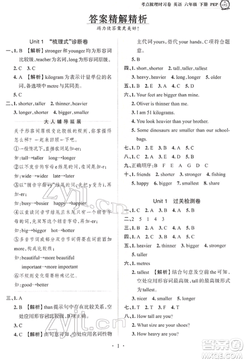 江西人民出版社2022王朝霞考点梳理时习卷六年级英语下册人教版参考答案