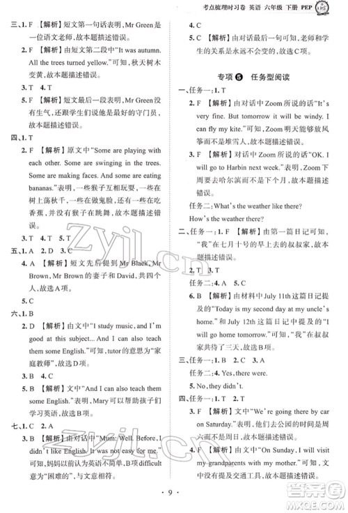 江西人民出版社2022王朝霞考点梳理时习卷六年级英语下册人教版参考答案