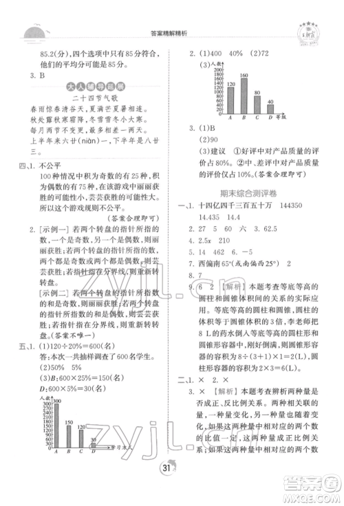 江西人民出版社2022王朝霞德才兼备作业创新设计六年级数学下册人教版参考答案