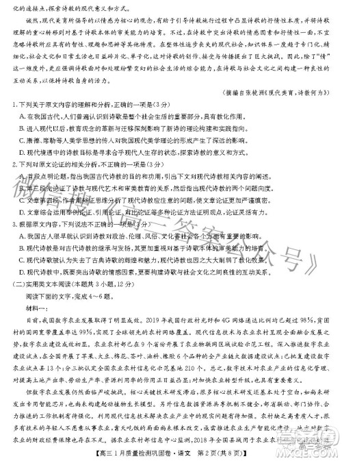 2022九师联盟高三1月质量检测巩固卷语文试题及答案