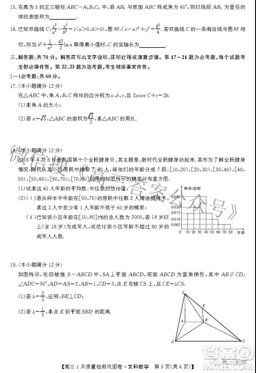 2022九师联盟高三1月质量检测巩固卷文科数学试题及答案