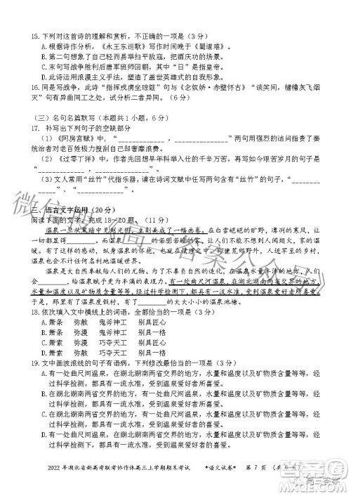 2022年湖北省新高考协作体高三上学期期末考试语文试卷及答案 2022年湖北省新高考协作体高三上学期期末考试语文试卷及答案