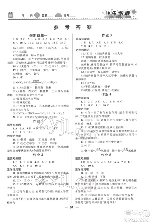 河北少年儿童出版社2022赢在起跑线中学生快乐寒假九年级化学人教版参考答案