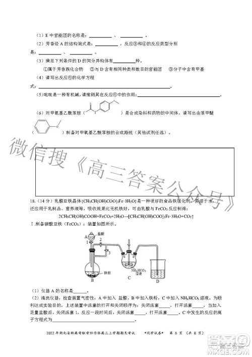 2022年湖北省新高考协作体高三上学期期末考试化学试卷及答案