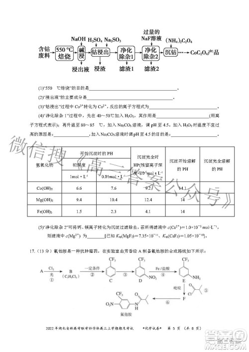 2022年湖北省新高考协作体高三上学期期末考试化学试卷及答案