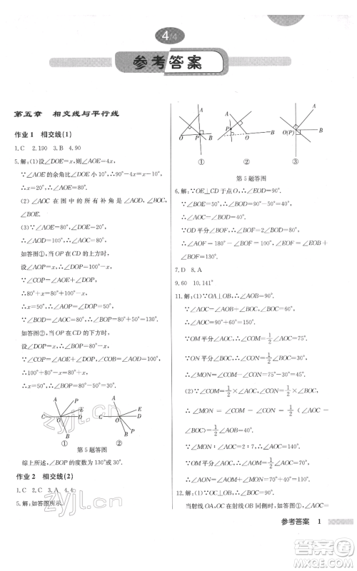 龙门书局2022启东中学作业本七年级数学下册人教版参考答案