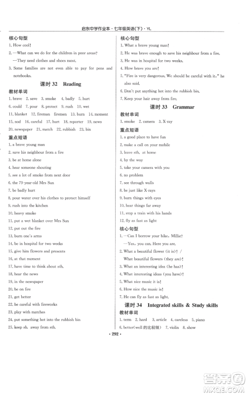 龙门书局2022启东中学作业本七年级英语下册译林版参考答案 龙门书局2022启东中学作业本七年级英语下册译林版参考答案