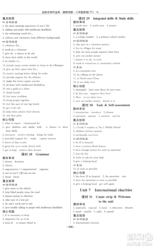 龙门书局2022启东中学作业本八年级英语下册译林版徐州专版参考答案 龙门书局2022启东中学作业本八年级英语下册译林版徐州专版参考答案