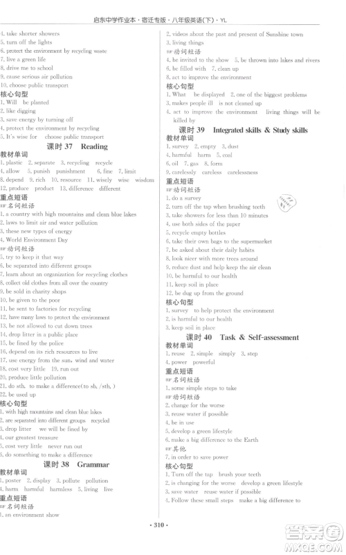 龙门书局2022启东中学作业本八年级英语下册译林版宿迁专版参考答案 龙门书局2022启东中学作业本八年级英语下册译林版宿迁专版参考答案