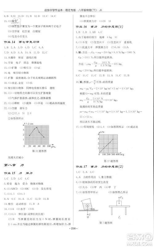 龙门书局2022启东中学作业本八年级物理下册苏科版宿迁专版参考答案 龙门书局2022启东中学作业本八年级物理下册苏科版宿迁专版参考答案