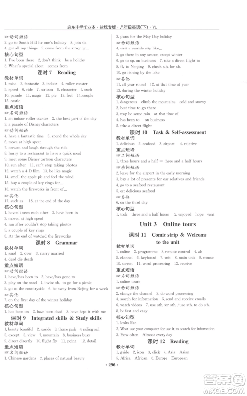 龙门书局2022启东中学作业本八年级英语下册译林版盐城专版参考答案 龙门书局2022启东中学作业本八年级英语下册译林版盐城专版参考答案