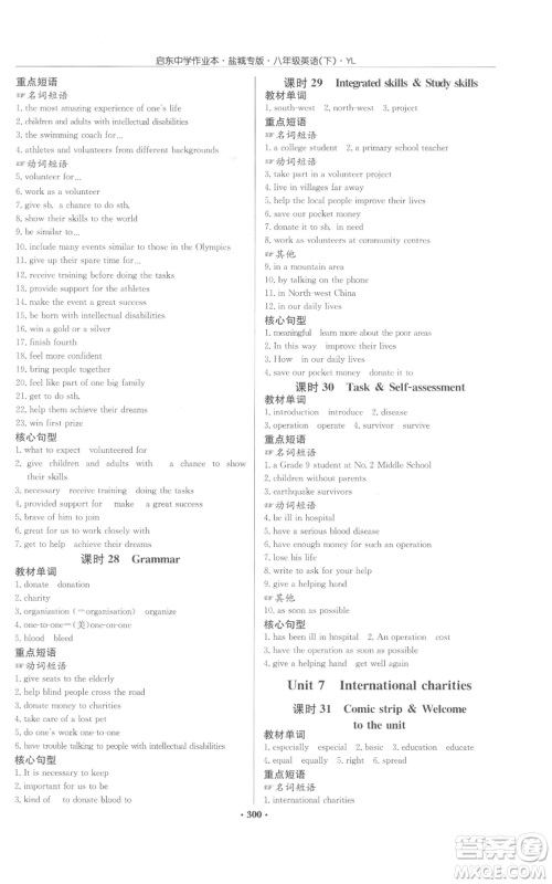 龙门书局2022启东中学作业本八年级英语下册译林版盐城专版参考答案 龙门书局2022启东中学作业本八年级英语下册译林版盐城专版参考答案