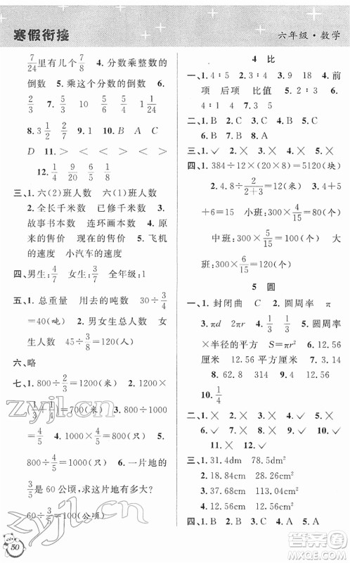 安徽人民出版社2022第三学期寒假衔接六年级数学RJ人教版答案