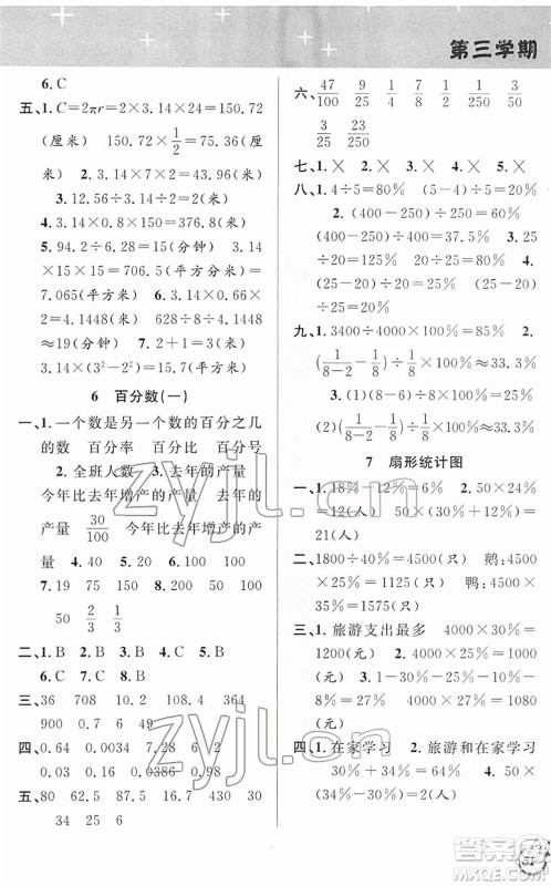 安徽人民出版社2022第三学期寒假衔接六年级数学RJ人教版答案