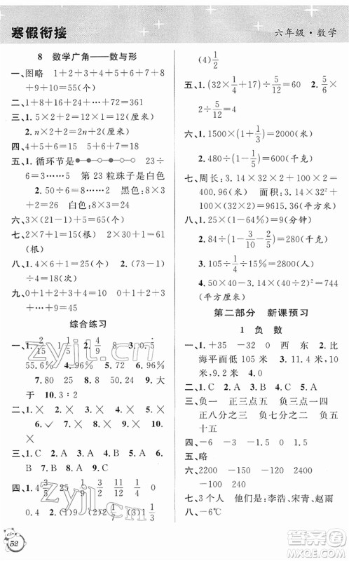 安徽人民出版社2022第三学期寒假衔接六年级数学RJ人教版答案