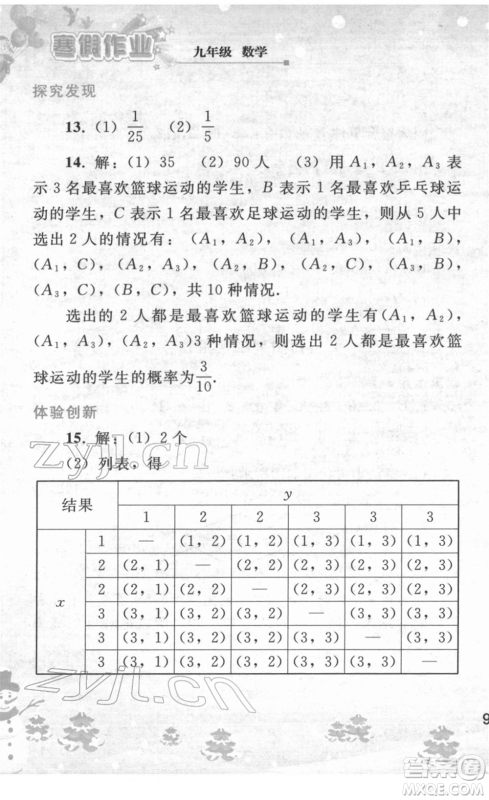 人民教育出版社2022寒假作业九年级数学人教版答案