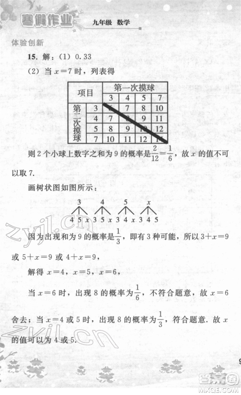 人民教育出版社2022寒假作业九年级数学人教版答案