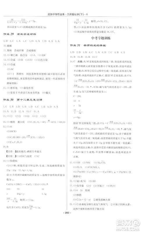 龙门书局2022启东中学作业本九年级化学下册人教版参考答案 龙门书局2022启东中学作业本九年级化学下册人教版参考答案
