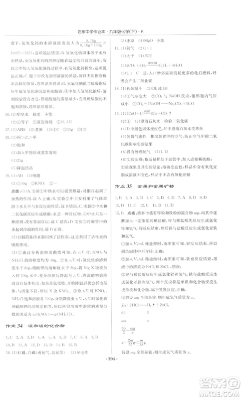 龙门书局2022启东中学作业本九年级化学下册人教版参考答案 龙门书局2022启东中学作业本九年级化学下册人教版参考答案
