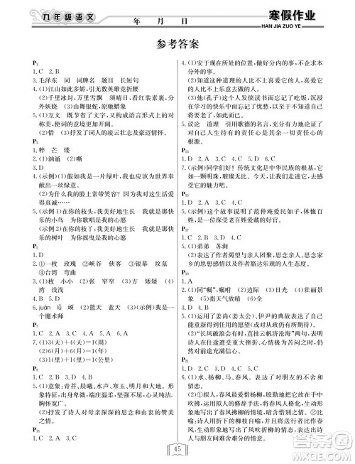 延边人民出版社2022寒假作业快乐假期九年级语文人教版答案