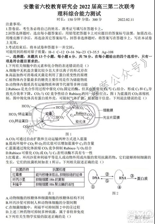 安徽省六校教育研究会2022届高三联考理科综合能力测试答案