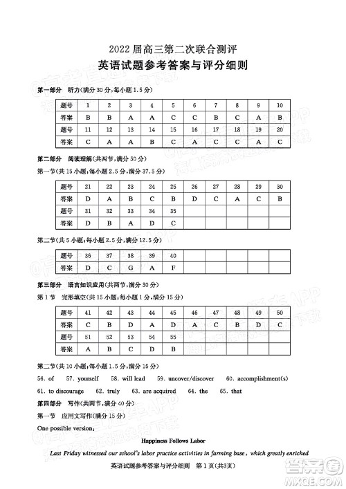 圆创联考2021-2022学年高三上学期第二次联合测评英语试题及答案