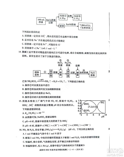 咸阳市2022年高考模拟检测一化学试题及答案 咸阳市2022年高考模拟检测一化学试题及答案