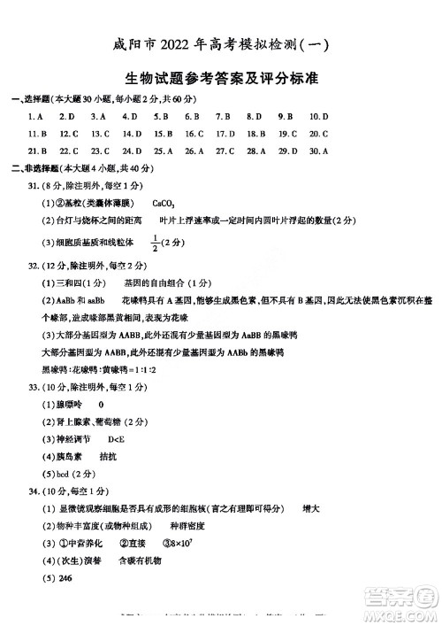 咸阳市2022年高考模拟检测一生物试题及答案 咸阳市2022年高考模拟检测一生物试题及答案