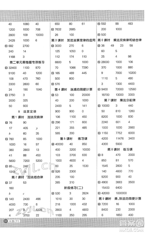 江西教育出版社2022阳光同学计算小达人四年级数学下册RJ人教版答案