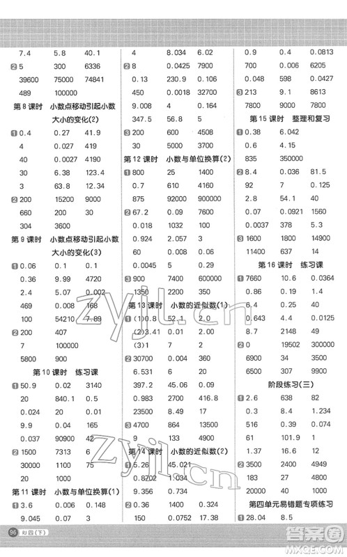 江西教育出版社2022阳光同学计算小达人四年级数学下册RJ人教版答案