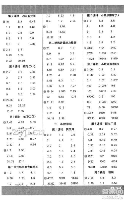 江西教育出版社2022阳光同学计算小达人四年级数学下册BS北师版答案 江西教育出版社2022阳光同学计算小达人四年级数学下册BS北师版答案