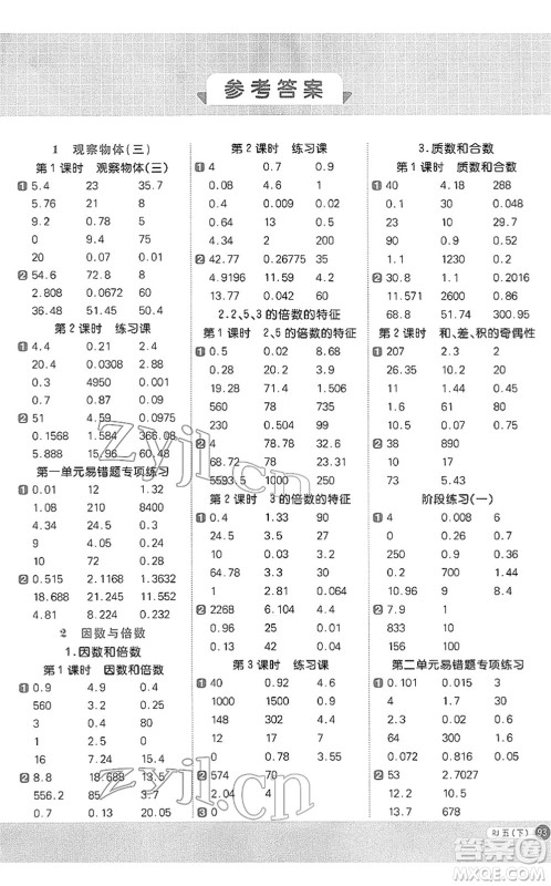 江西教育出版社2022阳光同学计算小达人五年级数学下册RJ人教版答案