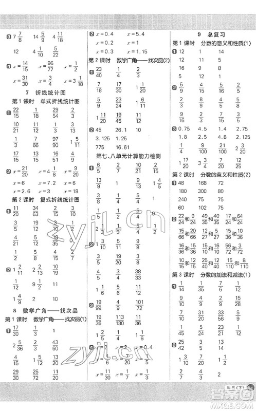 江西教育出版社2022阳光同学计算小达人五年级数学下册RJ人教版答案