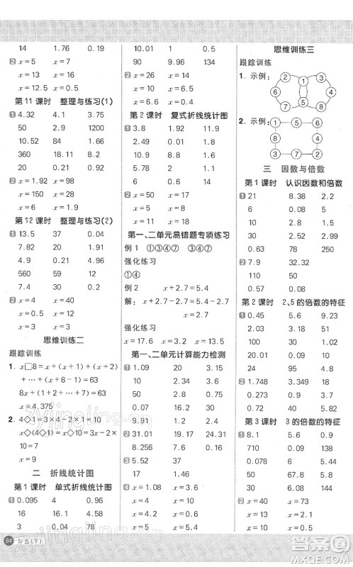 江西教育出版社2022阳光同学计算小达人五年级数学下册SJ苏教版答案