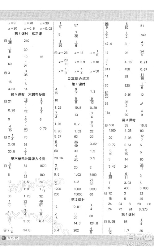 江西教育出版社2022阳光同学计算小达人六年级数学下册SJ苏教版答案