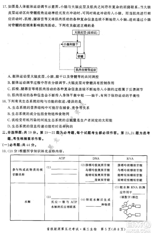 河北省级联测2021-2022第五次考试高三生物试题及答案