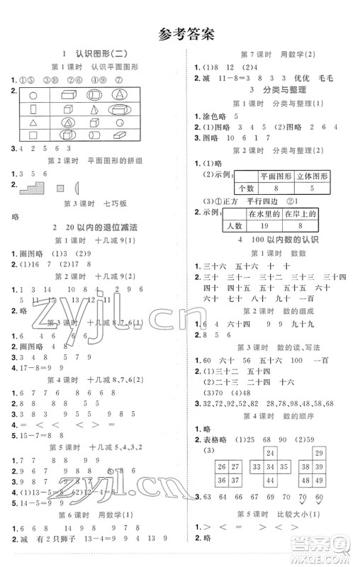 江西教育出版社2022阳光同学课时优化作业一年级数学下册RJ人教版答案