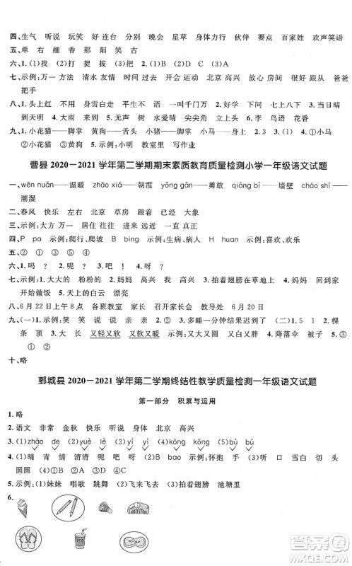 江西教育出版社2022阳光同学课时优化作业一年级语文下册RJ人教版菏泽专版答案